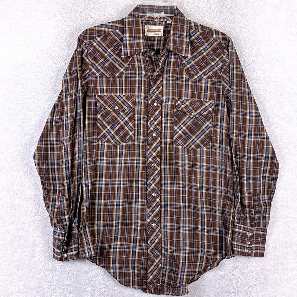 VTG 80s Pearl Snap Western Shirt Mens M Brown Plaid Paper Thin Cowboy Ranch